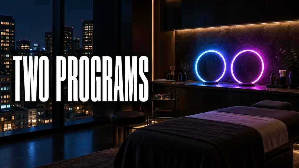 Two separate glowing rings resting on a console in a dark treatment room, with a city skyline lit up at night through the window