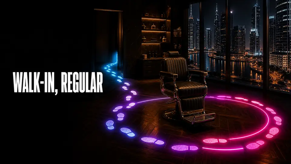 Walk-in client returning along a glowing path to a Dubai grooming lounge
