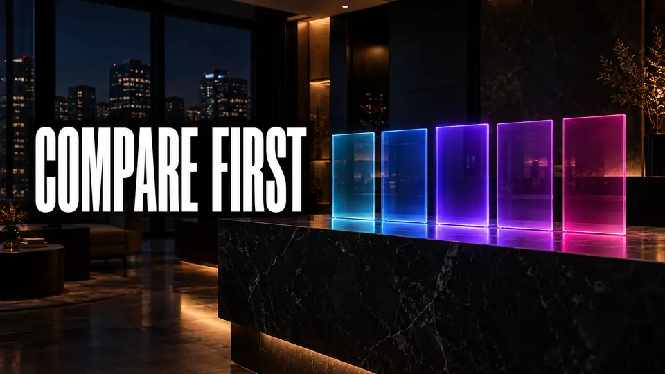 Five glowing translucent panels standing on a dark med spa reception counter, with a city skyline lit up at night behind the window