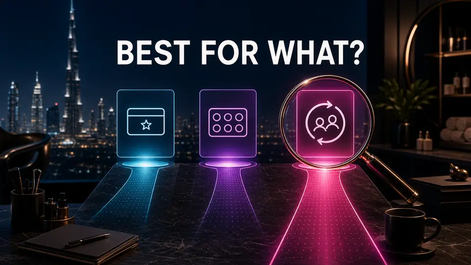 Salon owner comparing loyalty tool categories for a UAE business