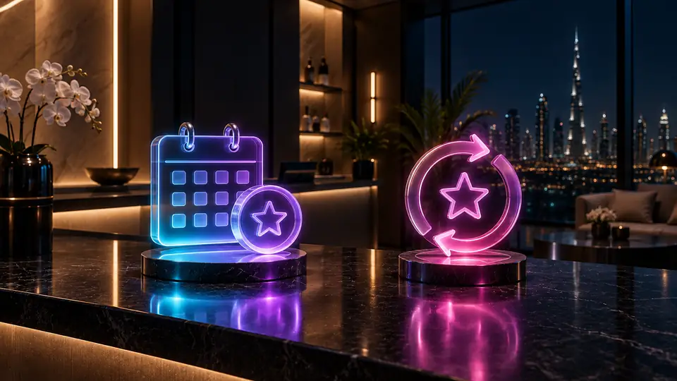 An illuminated calendar and reward sculpture beside a separate return-loop sculpture in a clinic reception