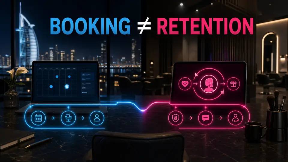 Booking and retention systems shown as complementary salon workflows