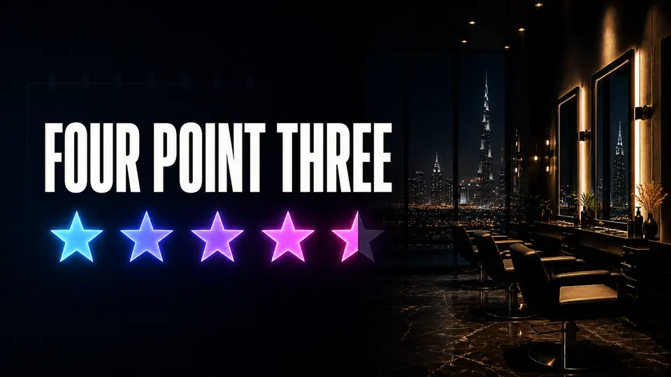 Five illuminated review stars above a recent calendar for a Dubai salon