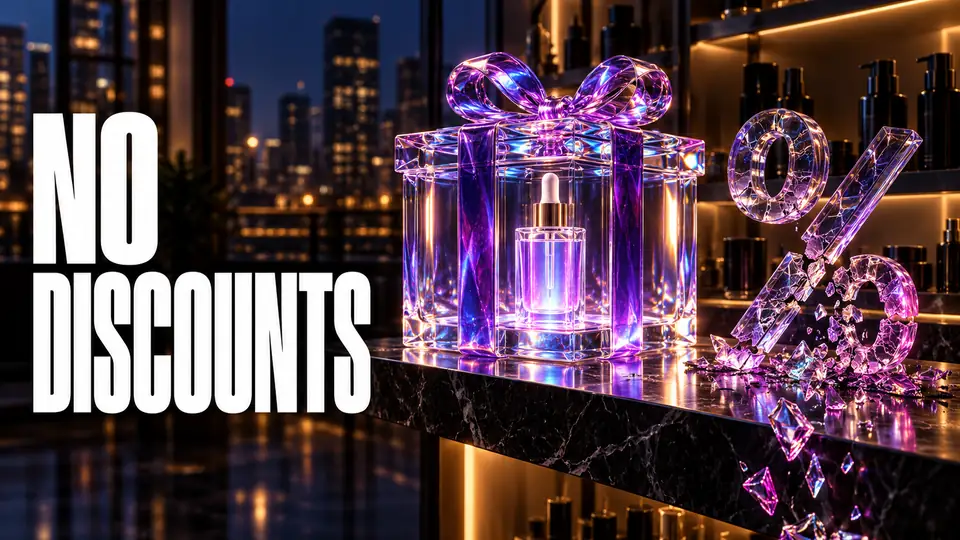A glowing glass gift box holding a serum bottle on a skincare shelf, next to a glass percent sign shattering into shards, city at night behind