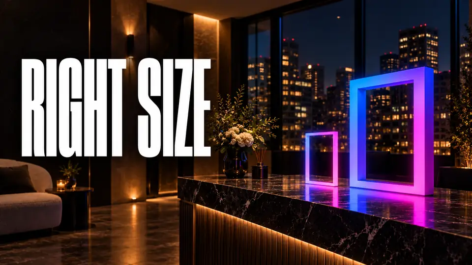 A large heavy glowing frame beside a smaller lighter one on a dark front desk, with a city at night behind it