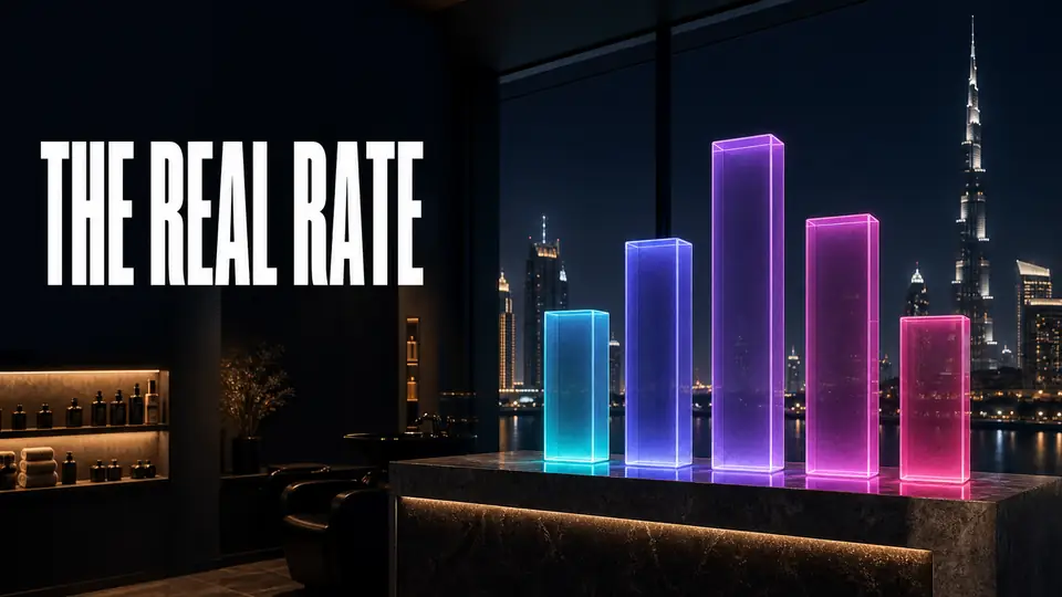 Five retention benchmark bars glowing above a Dubai salon reception