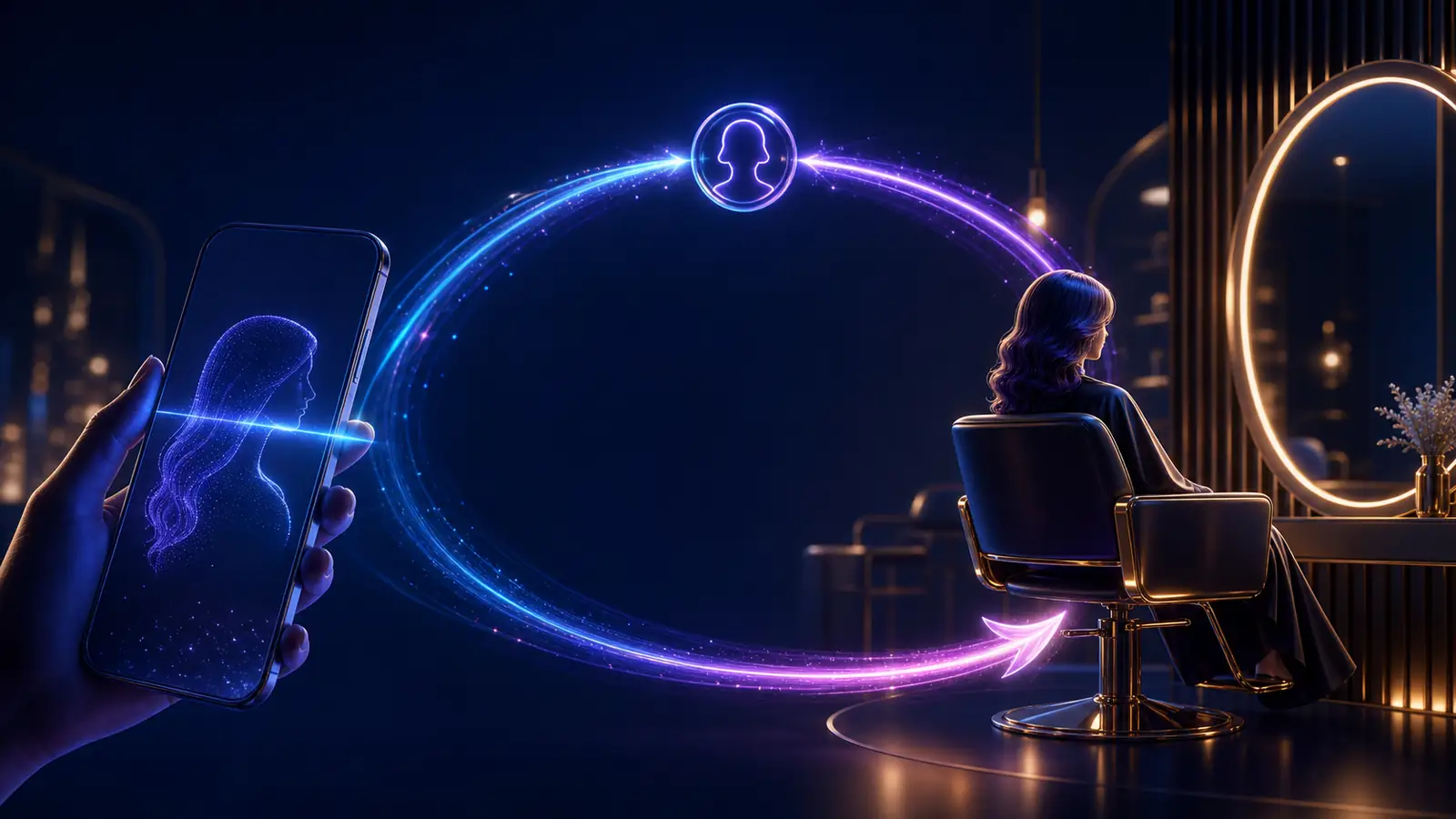 Neon salon chair surrounded by a continuous first-scan and repeat-visit customer loop