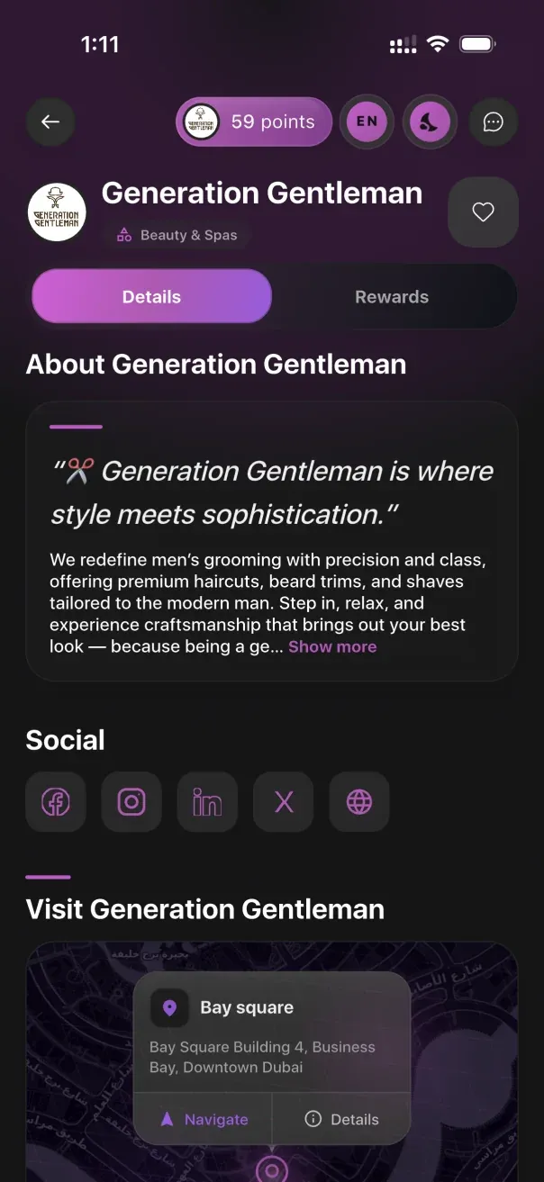 A real LoyalsClub business page, live in a customer's app.