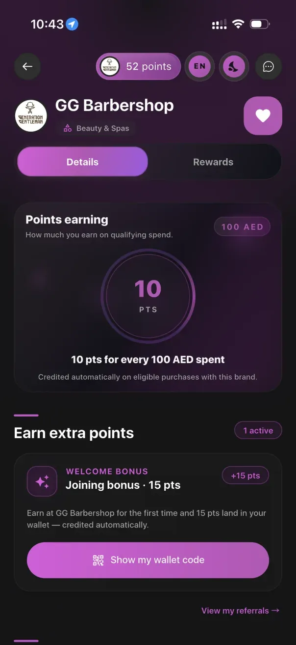 The same business page in the customer app showing the points rate the business sets and its joining bonus.