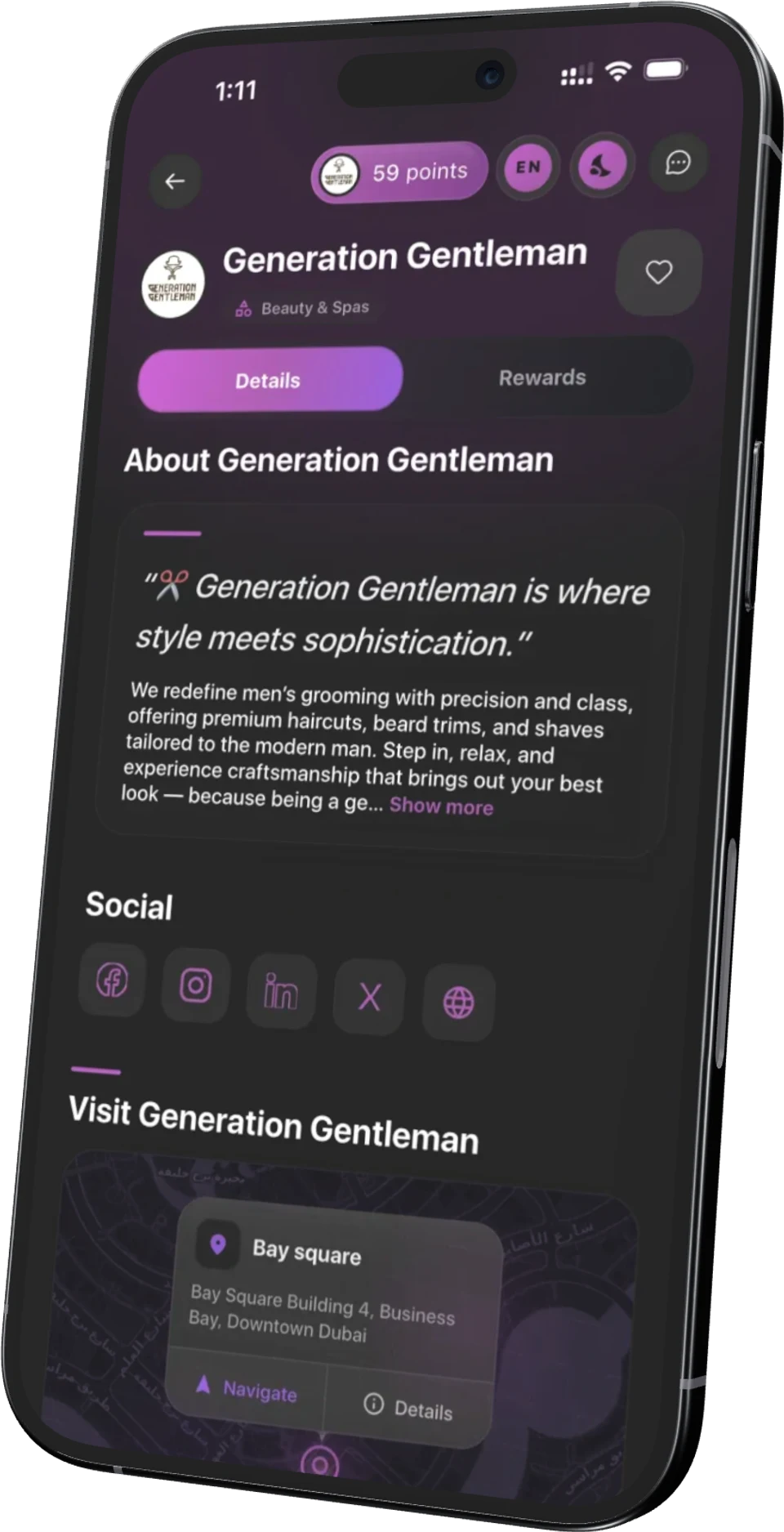 A real LoyalsClub business page, live in a customer's app.