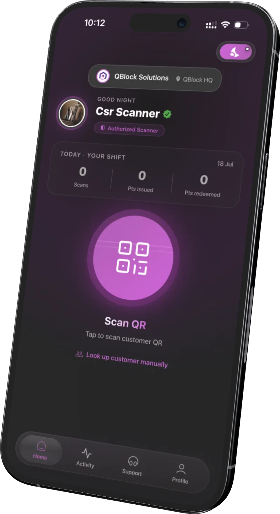 The LoyalsClub staff scanner on an iPhone, ready to scan a customer QR code at the counter