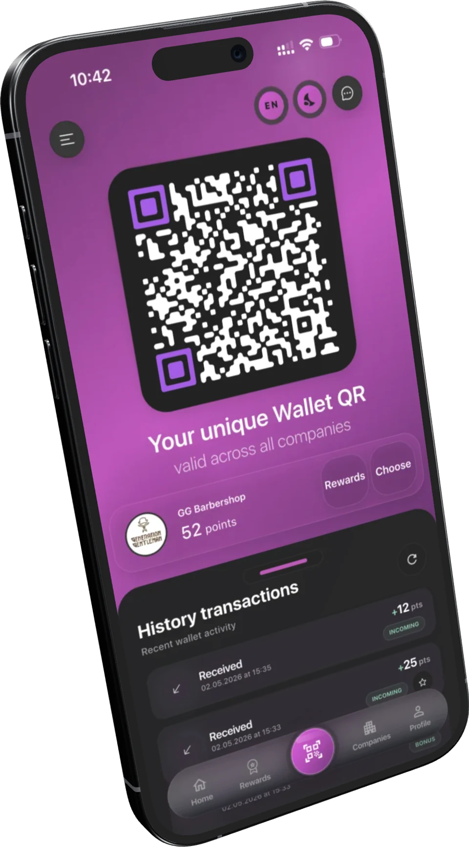 The LoyalsClub customer app on an iPhone, showing the wallet QR code and a 52-point balance at GG Barbershop