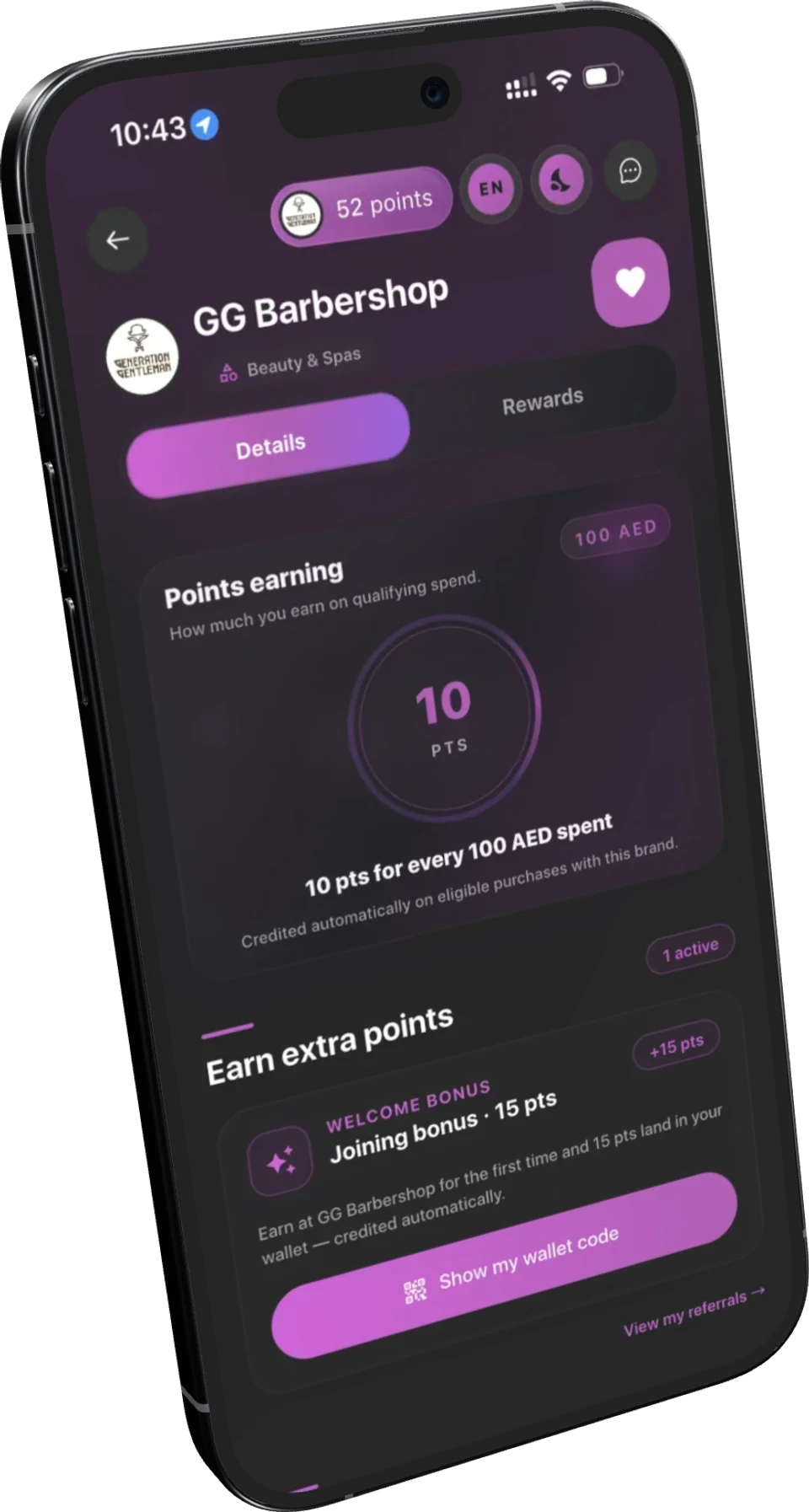The same business page in the customer app showing the points rate the business sets and its joining bonus.