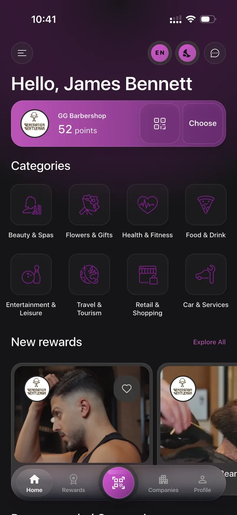 LoyalsClub customer home screen showing points and rewards