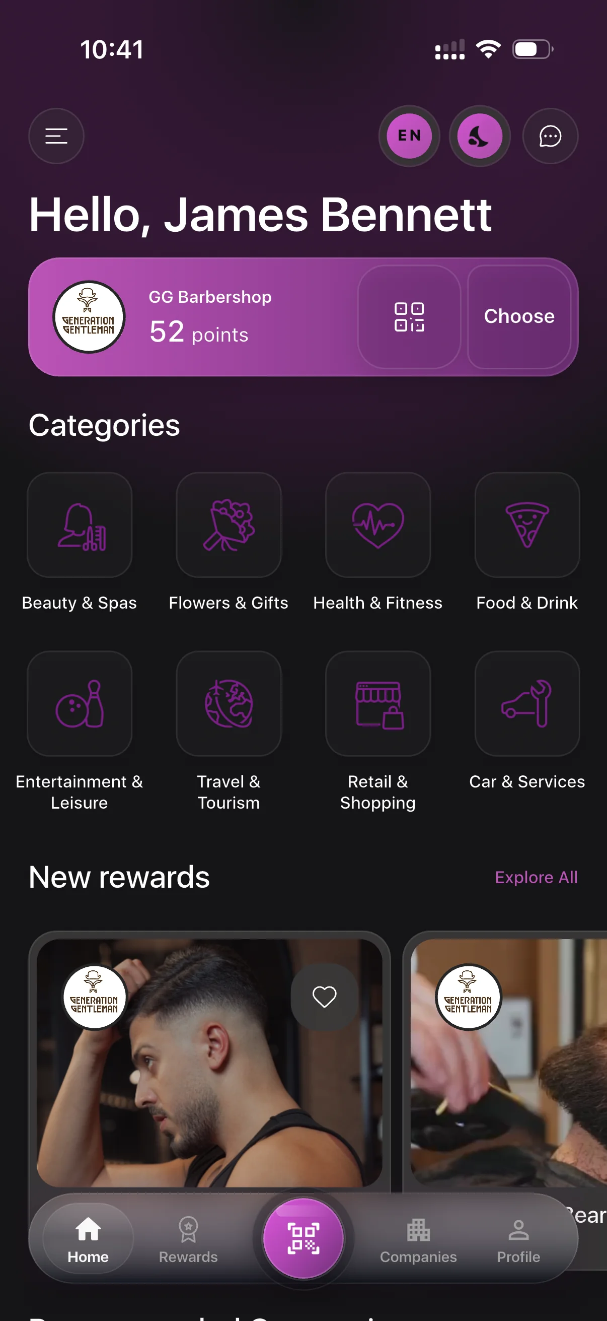 LoyalsClub customer app home screen showing points and available rewards