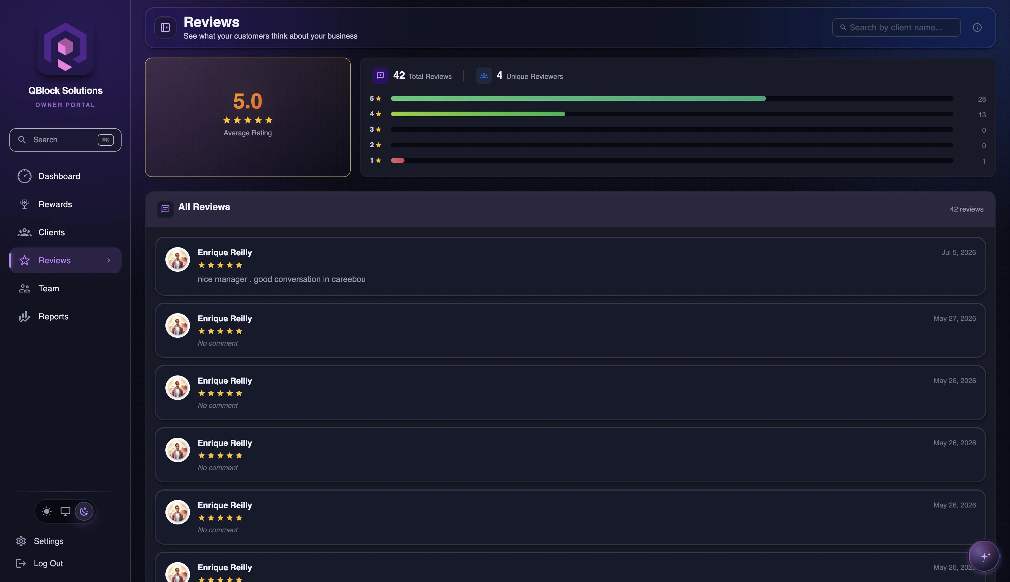 LoyalsClub owner portal showing private customer feedback and review analytics
