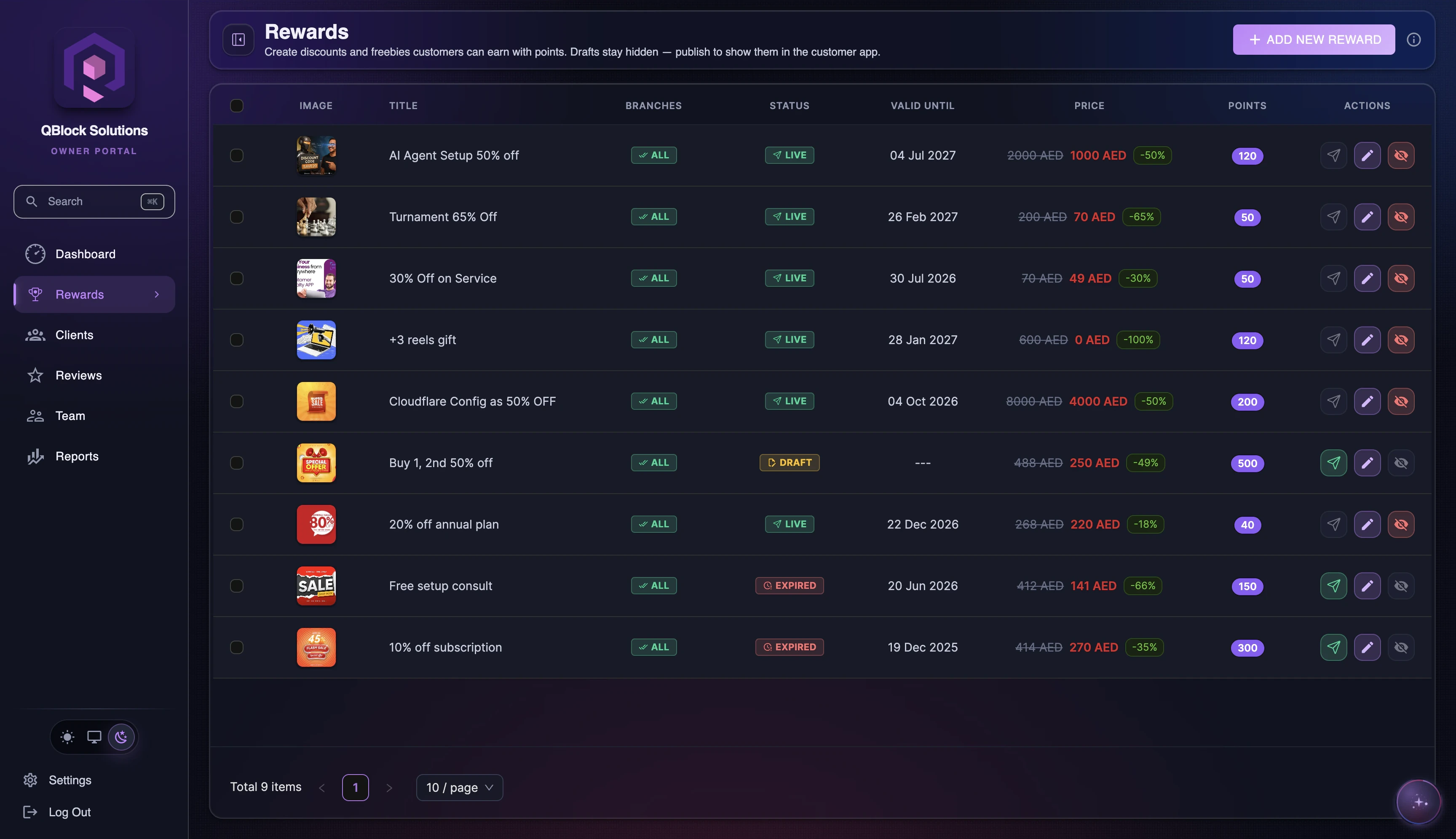 LoyalsClub owner portal showing the configurable rewards catalog
