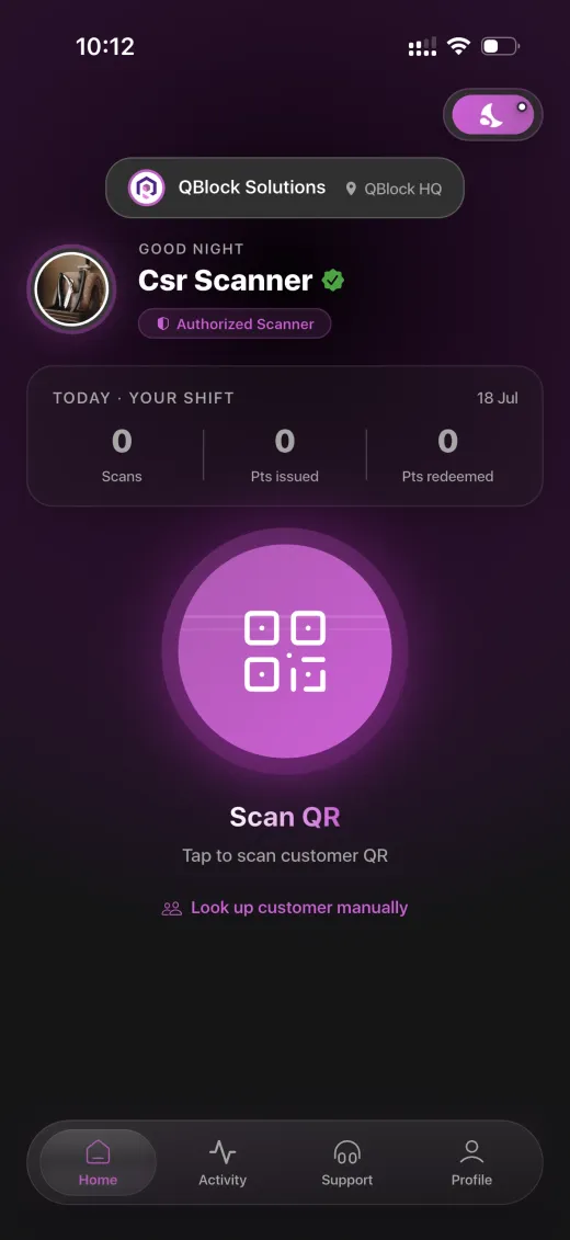 LoyalsClub staff scanner ready to scan a customer QR code